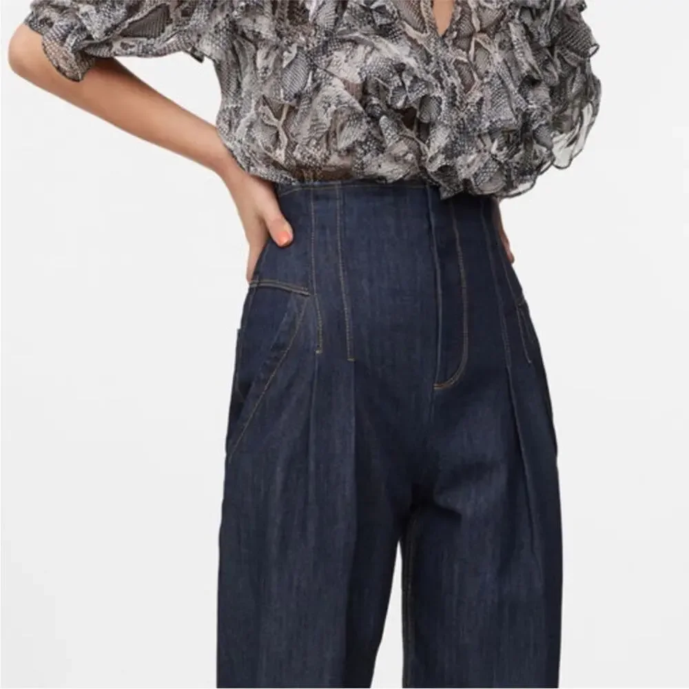 La Vie Rebecca Taylor Pleated High Rise Jeans Dark Indigo Wash 26